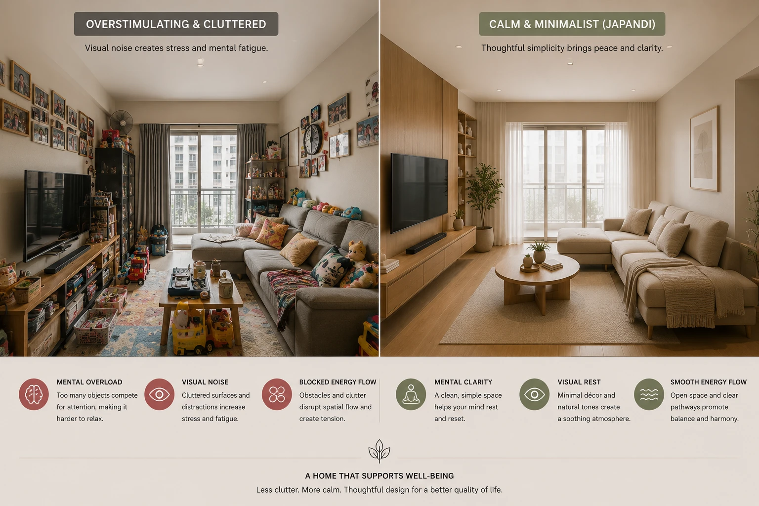 Side by side comparison of cluttered and minimal Singapore HDB living room layouts